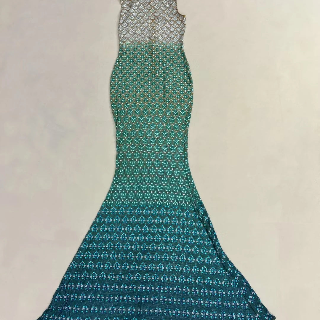 Trendy Gradient Sparkling Crystal  Sheer Mesh Long Dress Sexy High-end Skinny Evening Dress Birthday Night Party Outfit Qingshe