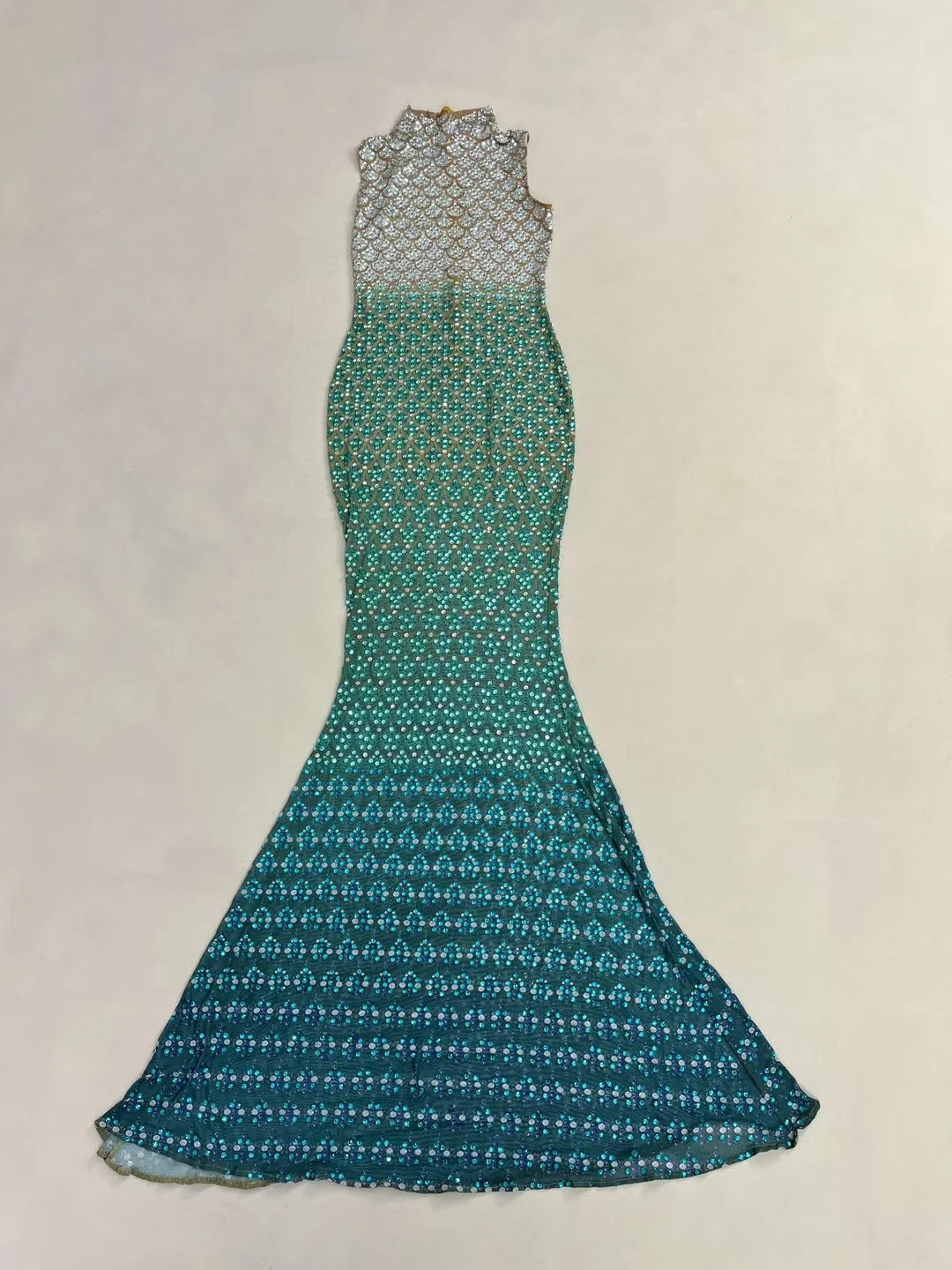 Trendy Gradient Sparkling Crystal  Sheer Mesh Long Dress Sexy High-end Skinny Evening Dress Birthday Night Party Outfit Qingshe