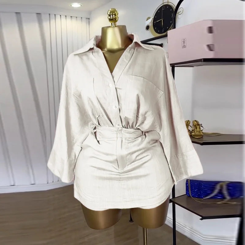 CM.YAYA Fashion Women's Set Full Sleeve Turn-down Collar T-shirt and Skirts Shorts 2025 Chic Two 2 Piece Sets Outfit Tracksuits