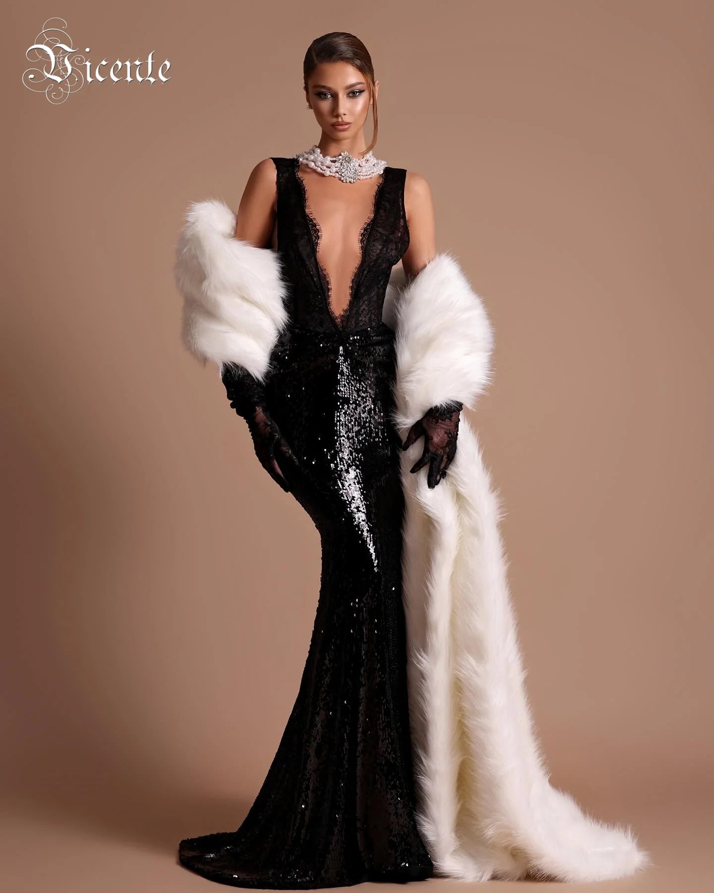 VC Alluring Black Sequin Deep V Neck Backless Lace Design Mermaid Dress for Party Dinner Evening Gown
