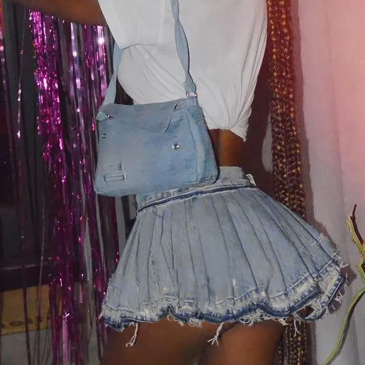 Weird Puss Pleated Denim Skirts Women Summer Trend Vintage Y2K Fashion Wild Streetwear Casual Hipster A-Line Skirt Bottoms