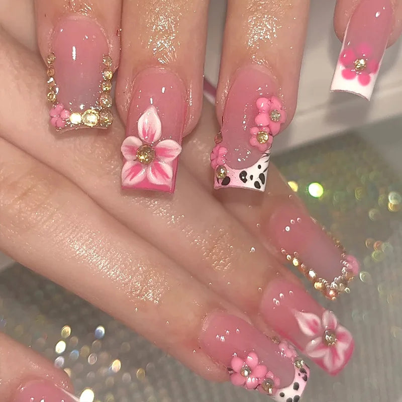 24Pcs Mid-length Summer Sweet Square Coffin Nails Set Pink Flowers Pattern Diamond French Wearable False Nails Lovely Manicure