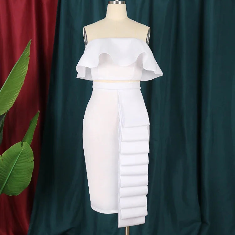 Chic Dress Sets Plus Size Curvy Women Tube Tops Ruffles High Waist Skirt Set Slim Fit Party Club Birthday White 2 Piece Outfits