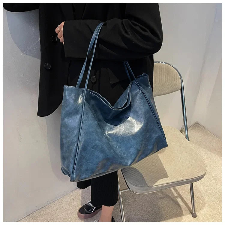 Women Tote Big Bag Underarm Pouch Large Capacity Soft Pu Leather Shoulder Y2k Bag Retro Crossbody Bag Casual Portable Bucket Bag Blue
