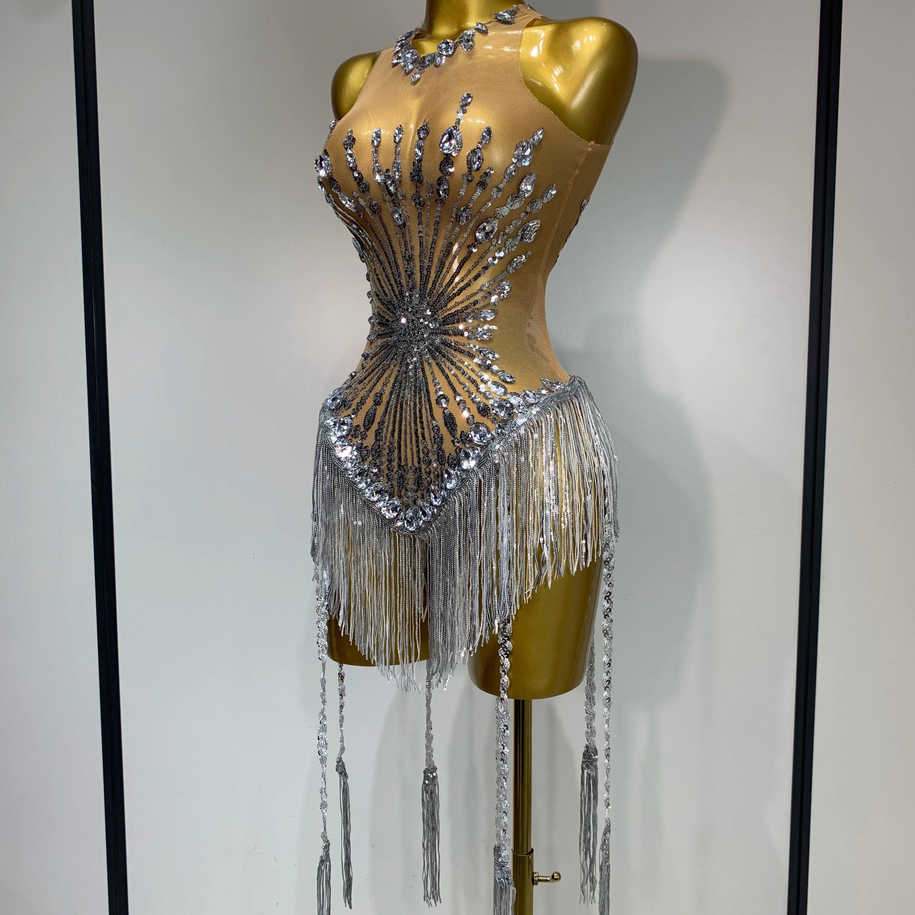 Women Sexy Mesh See Through Diamonds Long Tassels Bodysuit Luxury Evening Party Bar Nightclub Stage Performance Singer Outfit