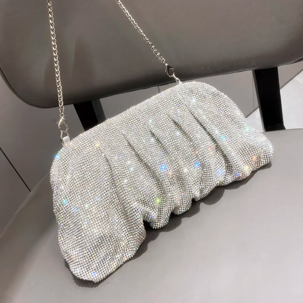 Shiny handle Rhinestones Handmade Evening Clutch Bags New Folds Purses And Handbags Luxury Designer Wedding Party silver