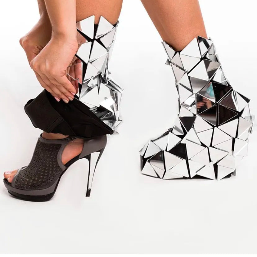 New Women Stage Show Costume Over Knee Boots Folk Dance Singer Party Show Mirror Shoes Nightclub Gogo Mirror boot cocovers
