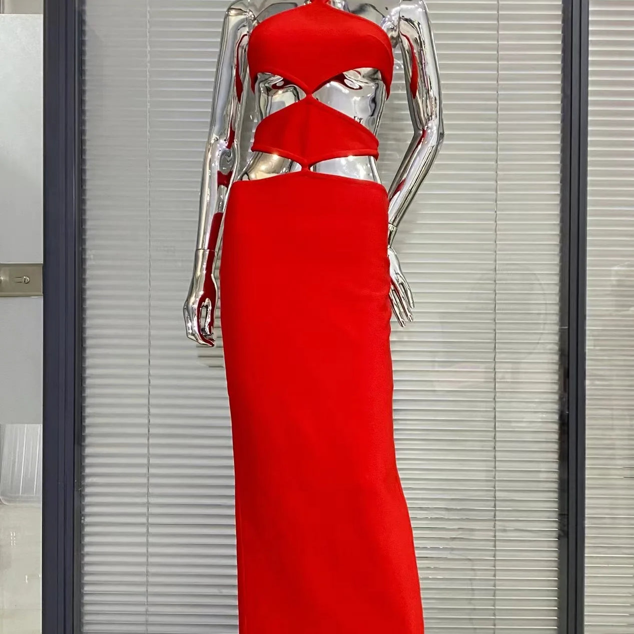 Summer Red Color Women Sexy Halter Cut Out Bodycon Bandage Long Dress Fashion Birthday Christmas Cocktail Party Dress