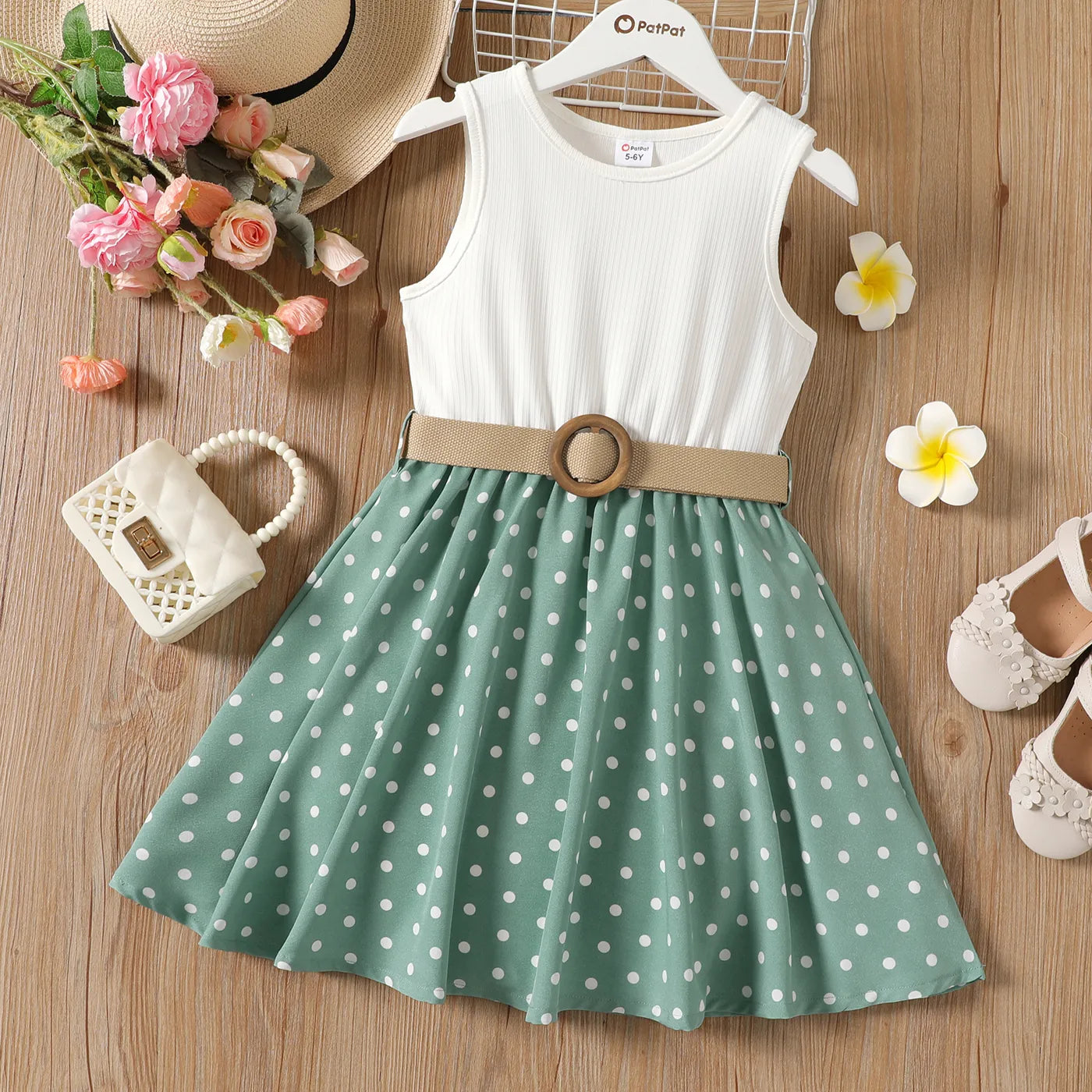 PatPat 2pcs Girl Dresses Kids Clothes Girl Polka Dots Ribbed Girls Splice Sleeveless Dress & Belt Green