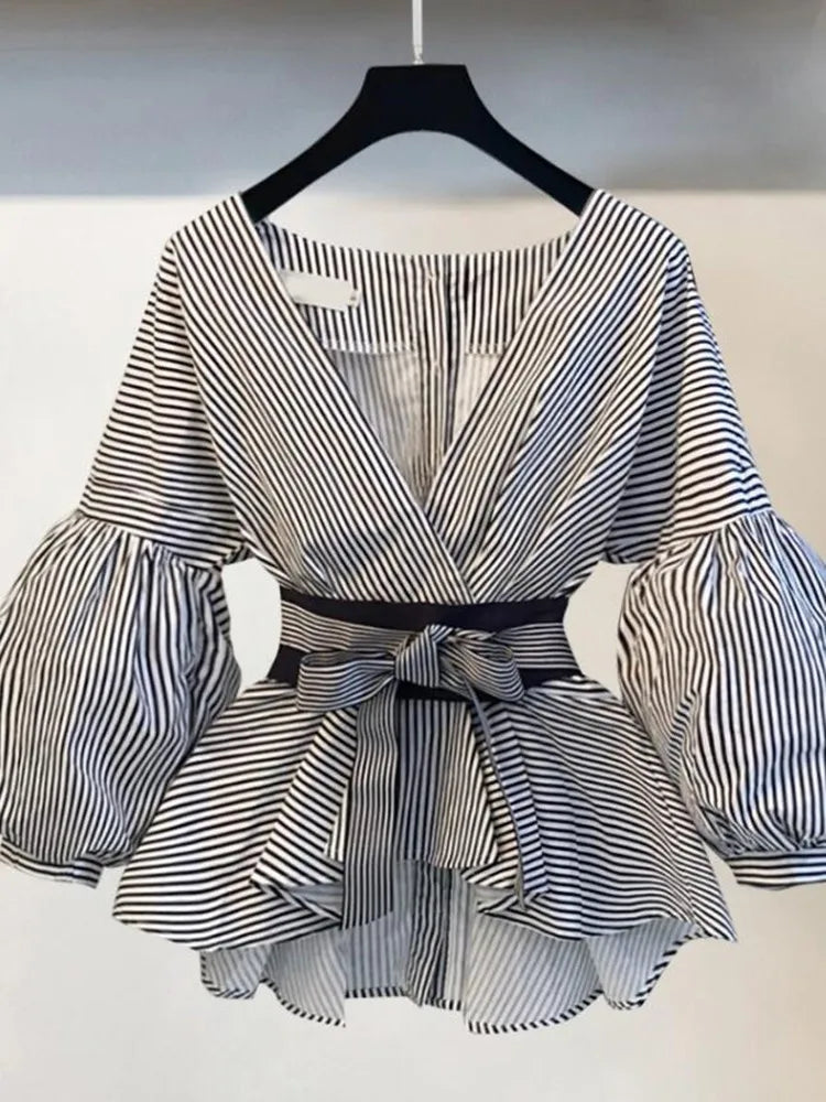 Lantern Sleeve Blouse Shirt Women 2023 Fashion Korean Style Summer Bow V-neck Striped Shirt Elegant Ladies Tops Female Clothing TOP 1