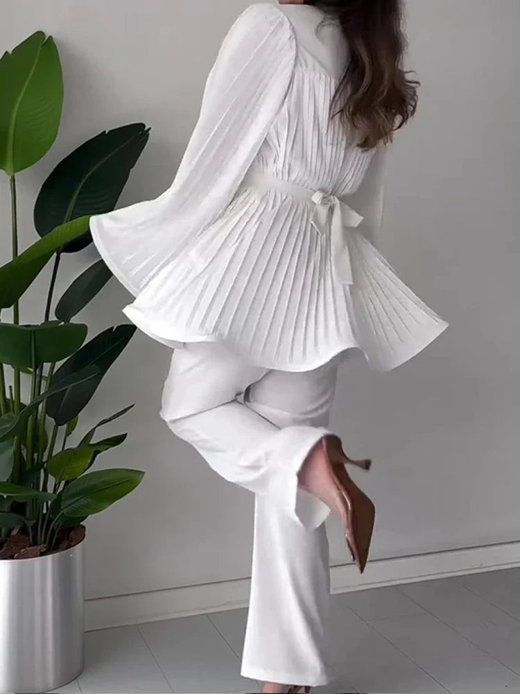 Loose Pleated Top Pants Women Belt Suit Elegant O-neck Long Batwing Sleeve Big Swing Top Wide Leg Pant 2 Piece Sets Outfit