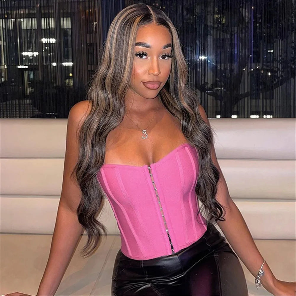 Summer Women Sexy Strapless Bodycon Short Bandage Tops Laced Up Club Night Party Wear High