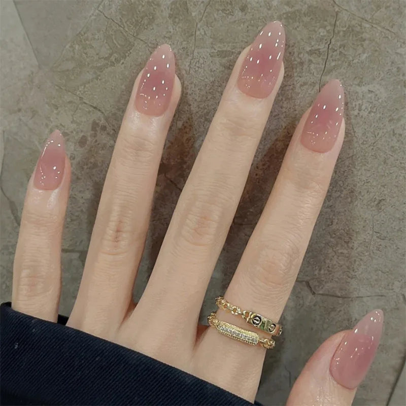 24Pcs Simple Nude Pink Solid Nail Art Set with Jelly Glue Short Oval Fake Nails Aurora Flash Almond Sweet Wearable Nail Stickers