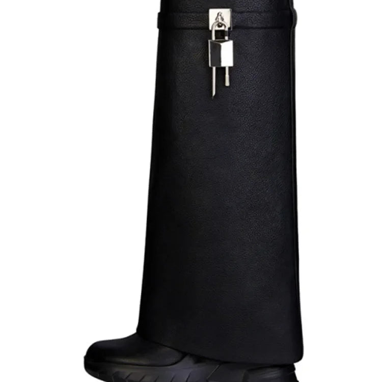 New Fashion Brand Thick Soled Leather Short Boots Round Head Lock Lock Shark Boots Women's Slope Heel High Heel Women's Boots 9062-black pu