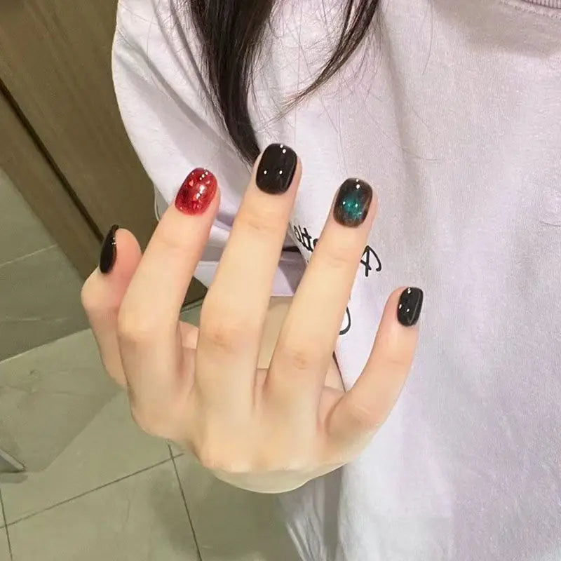 10pcs Brown Cat's Eye False Nails Sets Autumn Short Square Round Handmade Press on Nails Art Glitter Fake Nail Wearable Manicure