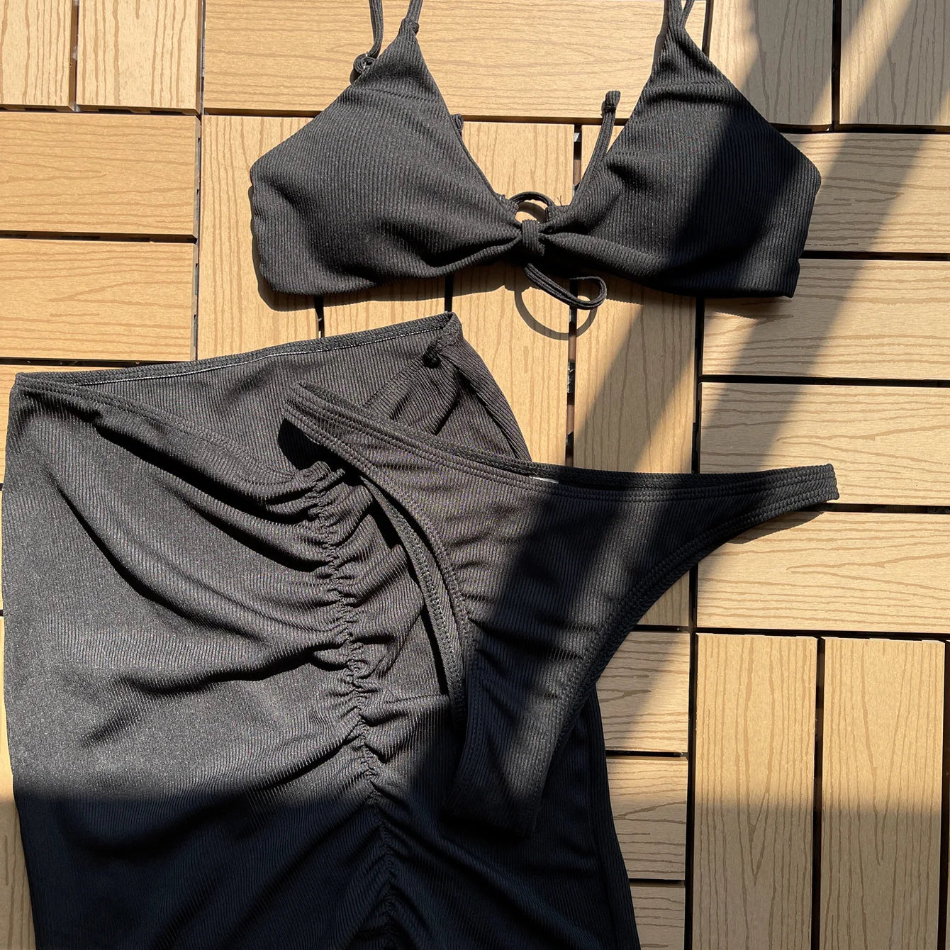 Women's Swimsuit 3-piece Solid Bikini Dress Feminine Bikinis Women's Two-piece Swimsuit Backless Bikini Set Bathing Suit SW250-black