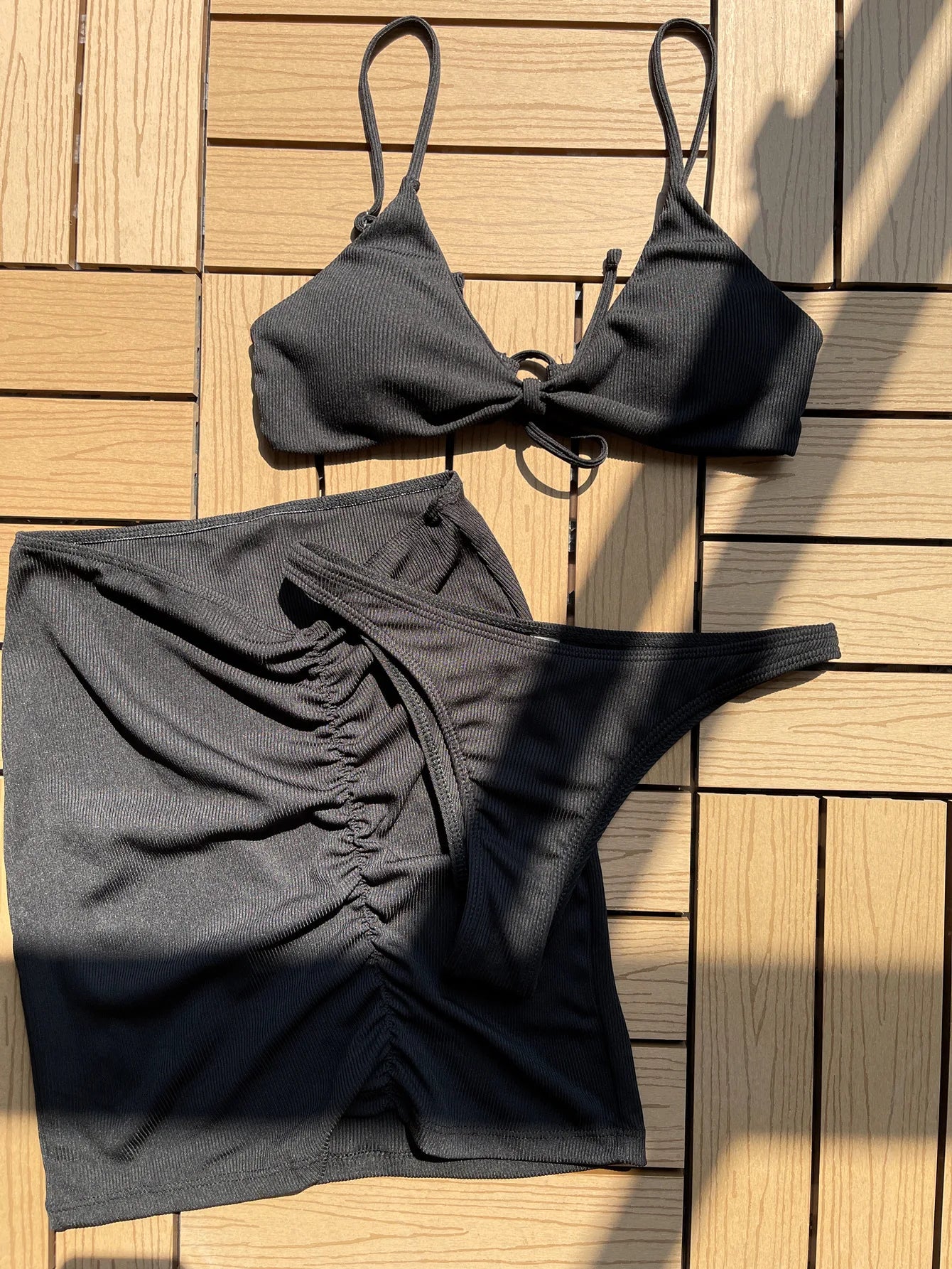 Women's Swimsuit 3-piece Solid Bikini Dress Feminine Bikinis Women's Two-piece Swimsuit Backless Bikini Set Bathing Suit SW250-black