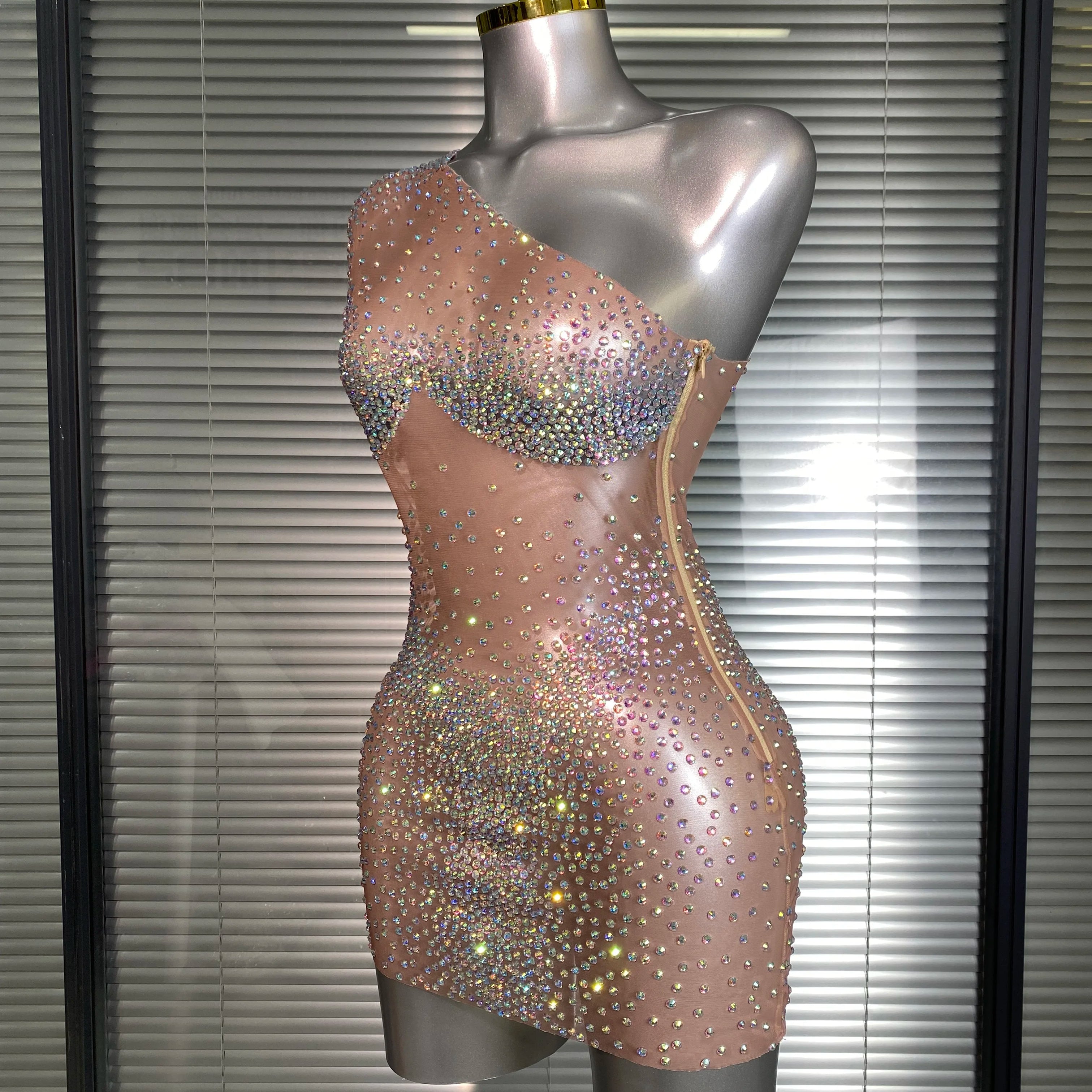 Celebrity New Women Sexy One Shoulder Mesh Sheer Crystal Rhinestones Stage Costume Stage Dancer Night Club Tank Mini Party Dress