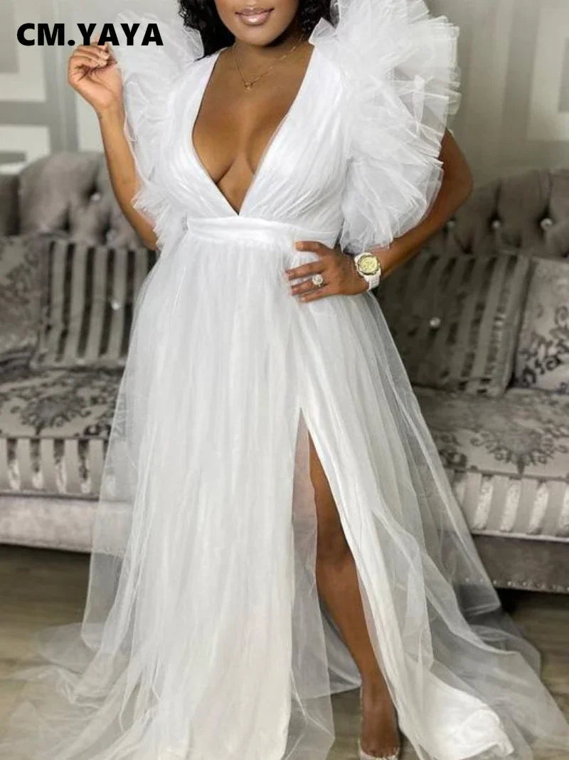 CM.YAYA Women Cascading Ruffles Shoulder High Side Split Mesh Patchwork Maxi Long Dress 2023 sexy even Party Vestidos Dresses