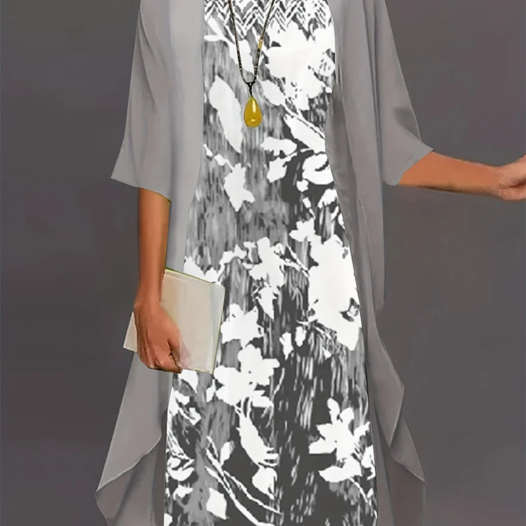 Plus Size 2024 Autumn Women's Floral Printed Long Dress Printed Pattern Two-piece Dress Round Neck Temperament Elegant Dress