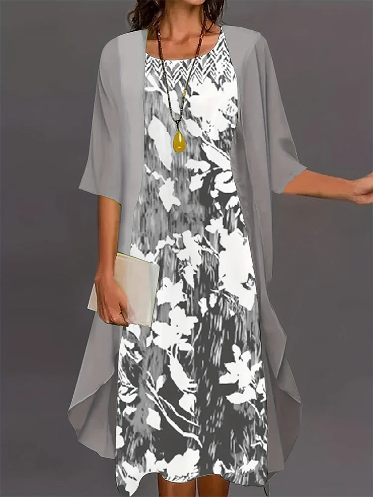 Plus Size 2024 Autumn Women's Floral Printed Long Dress Printed Pattern Two-piece Dress Round Neck Temperament Elegant Dress
