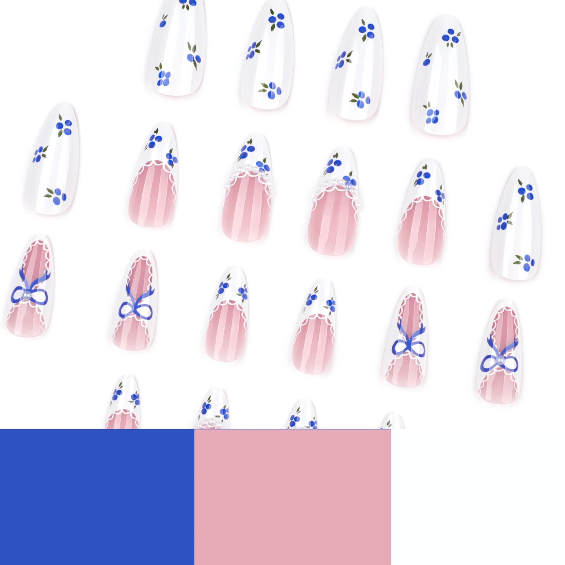 24pcs Glossy White Almond Fake Nails Blueberry Print Blue Bowknots French Style Press On Nails Pearl Decor Spring False Nail