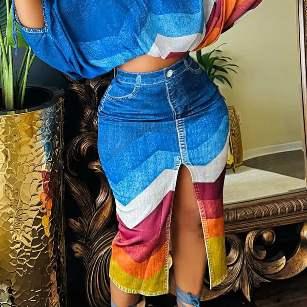 Plus Size Daily Blue Colorblock Round Neck Half Sleeve Split Denim Two Piece Skirt Sets