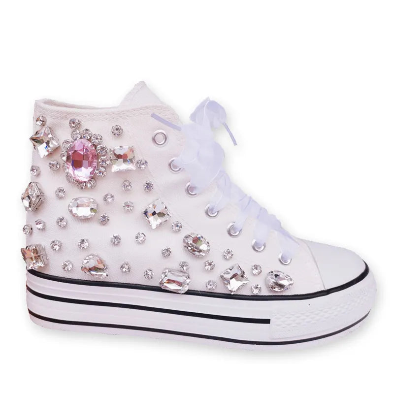 Crystal Hand-made Diamond Thick Bottom Inner High Top Women's Canvas Shoes Designer Sneaker Women Flats White(Flat heel 2cm)