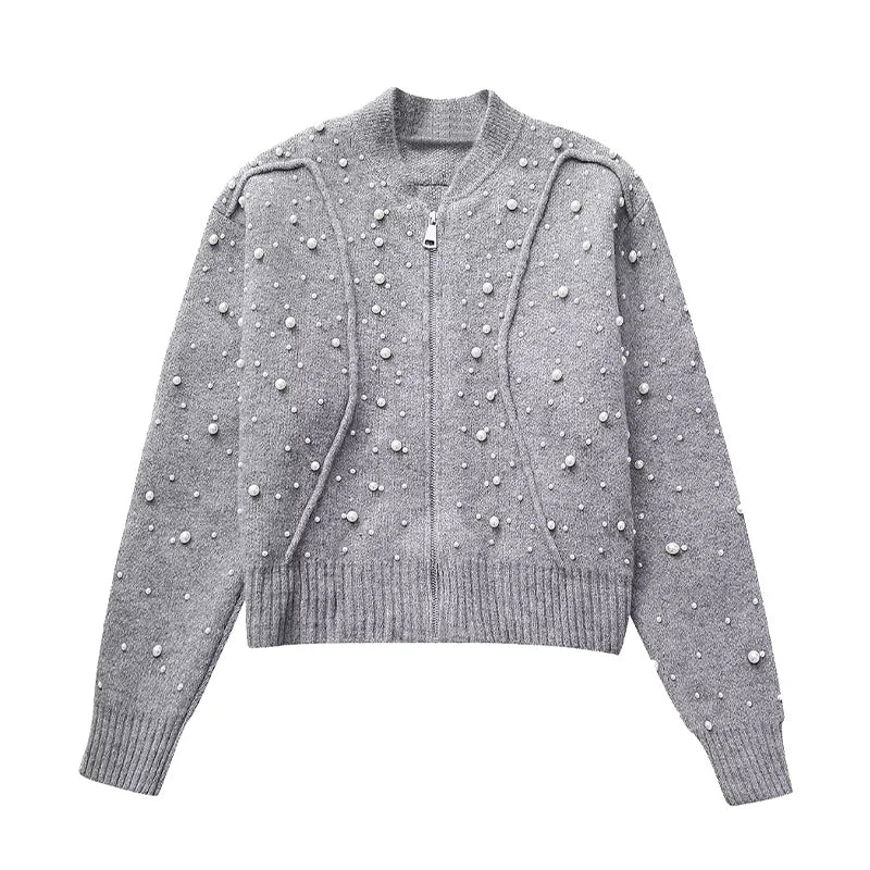 Fashion Knitted Pearl Bomber Jackets Women Vintage O-Neck Front Zipper Long Sleeved Female Coat Top Lady Grey Cropped Cardigan As picture