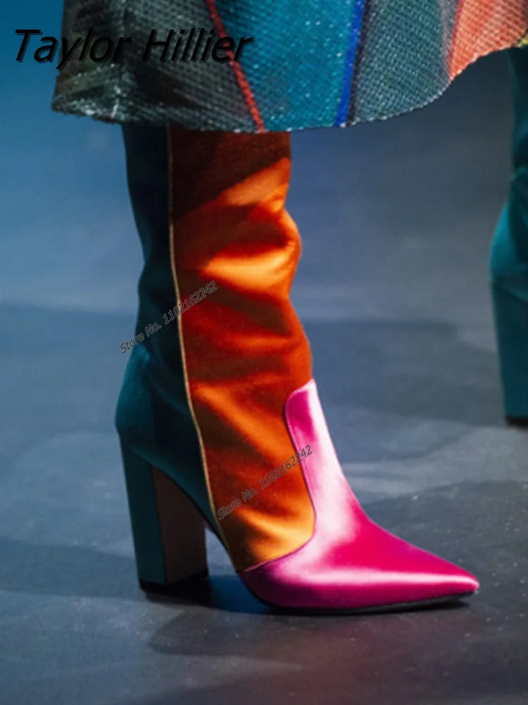 Premium Ladies Chelsea Boots Luxury Designer Shoes Mixed Colors Chunky Heel Tall Boots Side Zip Fashion Boots Zapatos Mujer style1