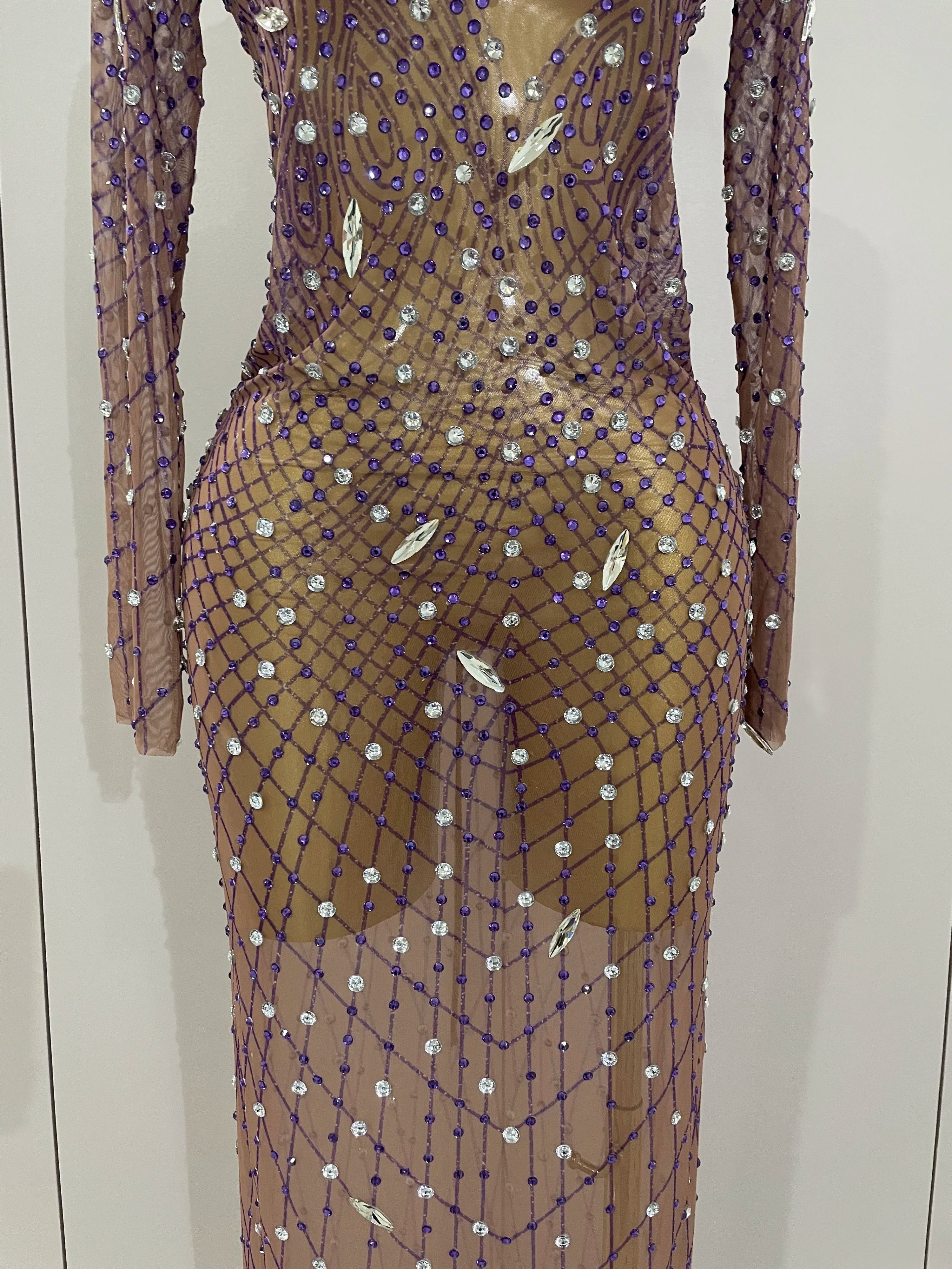 Shining Rhinestones Sexy Mesh See Through Long Dress Women Birthday Celebrate Evening Singer Show Stage Wear Photo Shoot Dress