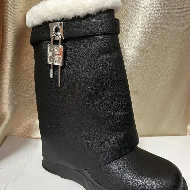 New Fashion Brand Thick Soled Leather Short Boots Round Head Lock Lock Shark Boots Women's Slope Heel High Heel Women's Boots Black plush cowhide