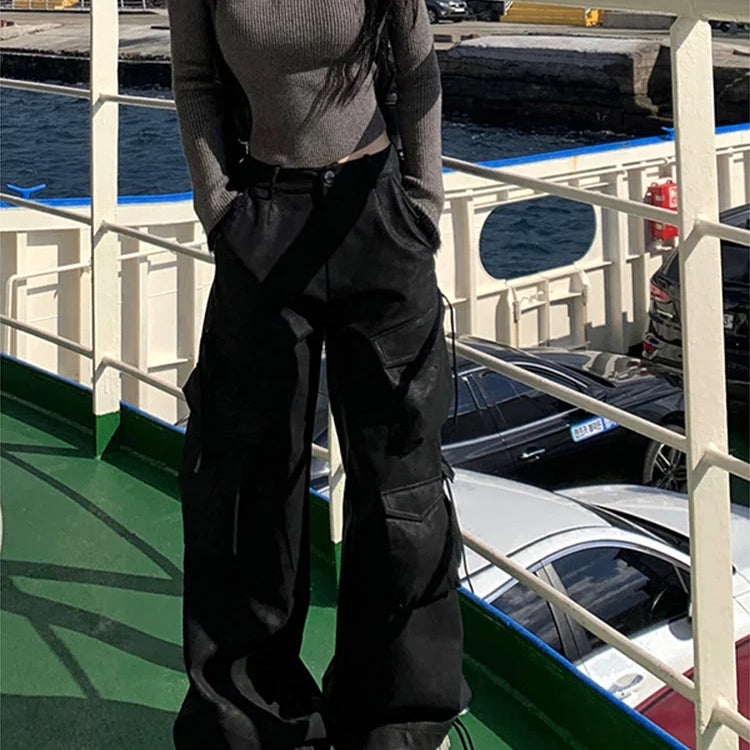 Spring Autumn Cool Handsome Baggy Black Pu Leather Straight Cargo Pants for Women Many Pockets Luxury Designer Clothes Black