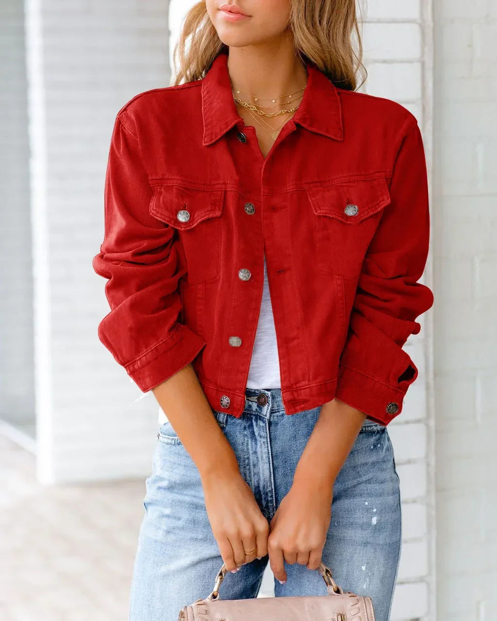 Short Pockets Jacket Fashion Streetwear Single Breasted Trend Women Denim Coats Long Sleeve Autumn New Denim Denim Coats Red
