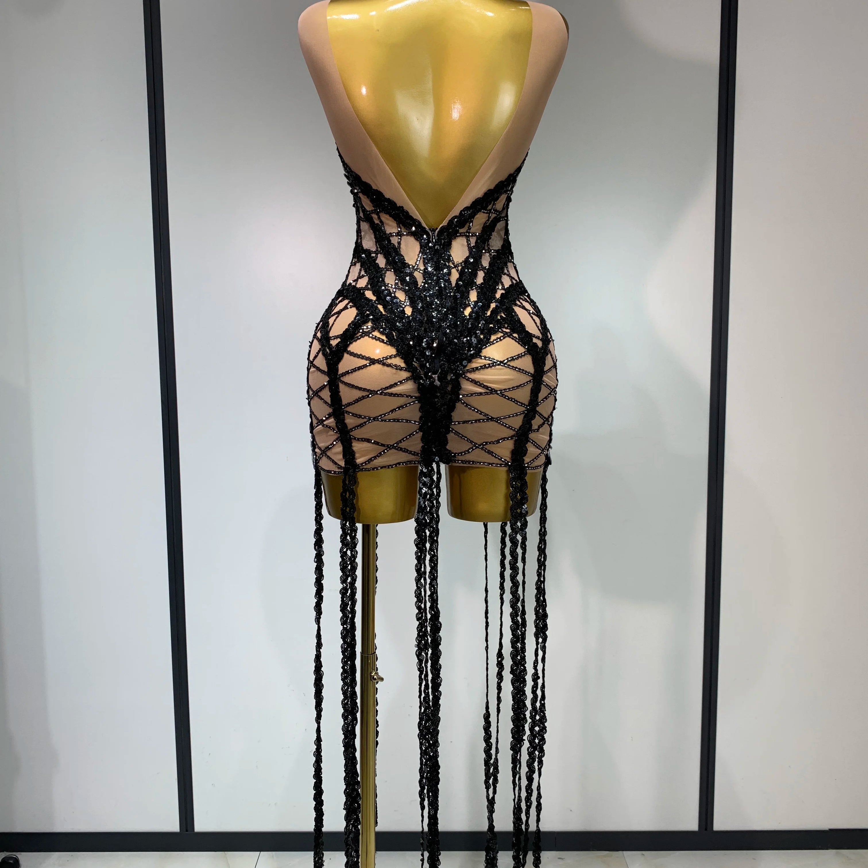 Luxury Birthday Sparkle Sequins Diamonds Long Tassel Sleeveless Mini Dress Women Red Carpet Goddess Stage Performance Costume