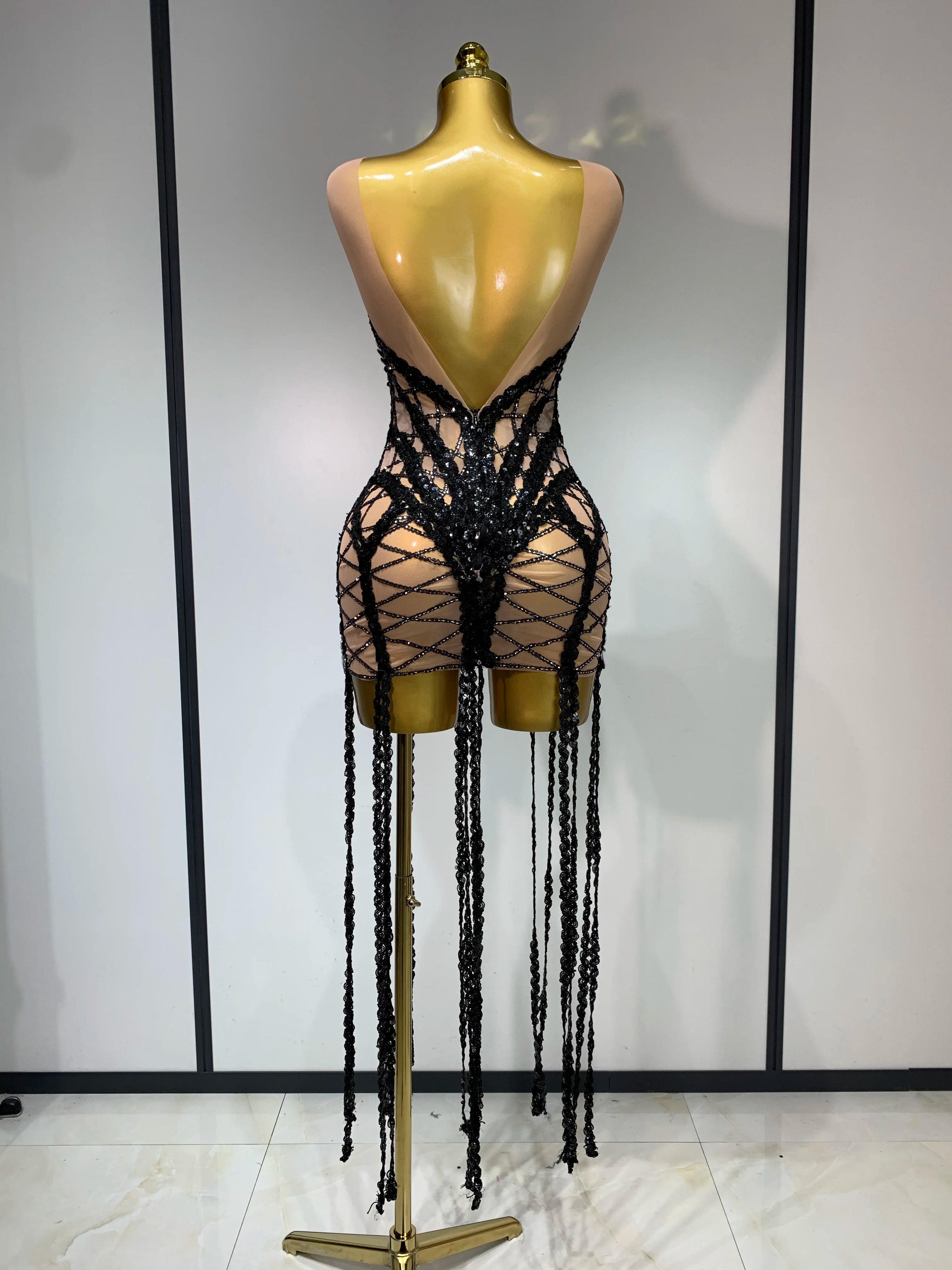 Luxury Birthday Sparkle Sequins Diamonds Long Tassel Sleeveless Mini Dress Women Red Carpet Goddess Stage Performance Costume