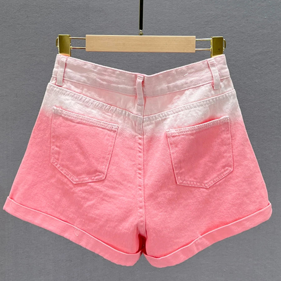 Sweet Gradient Color Exquisite Rhinestone Denim Shorts Women Summer High Waist Slimming Wide Leg Shorts Jeans Hot Pants