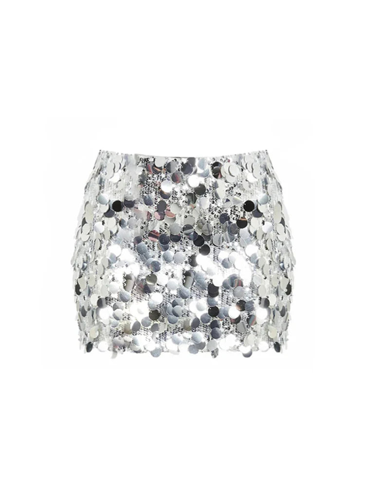 Summer Women Korean Fashion Clubwear Sequin Mini Skirt Gyaru Coquette Harajuku 2000s Y2k Streetwear Hot Sexy Night Club Luxury Silvery
