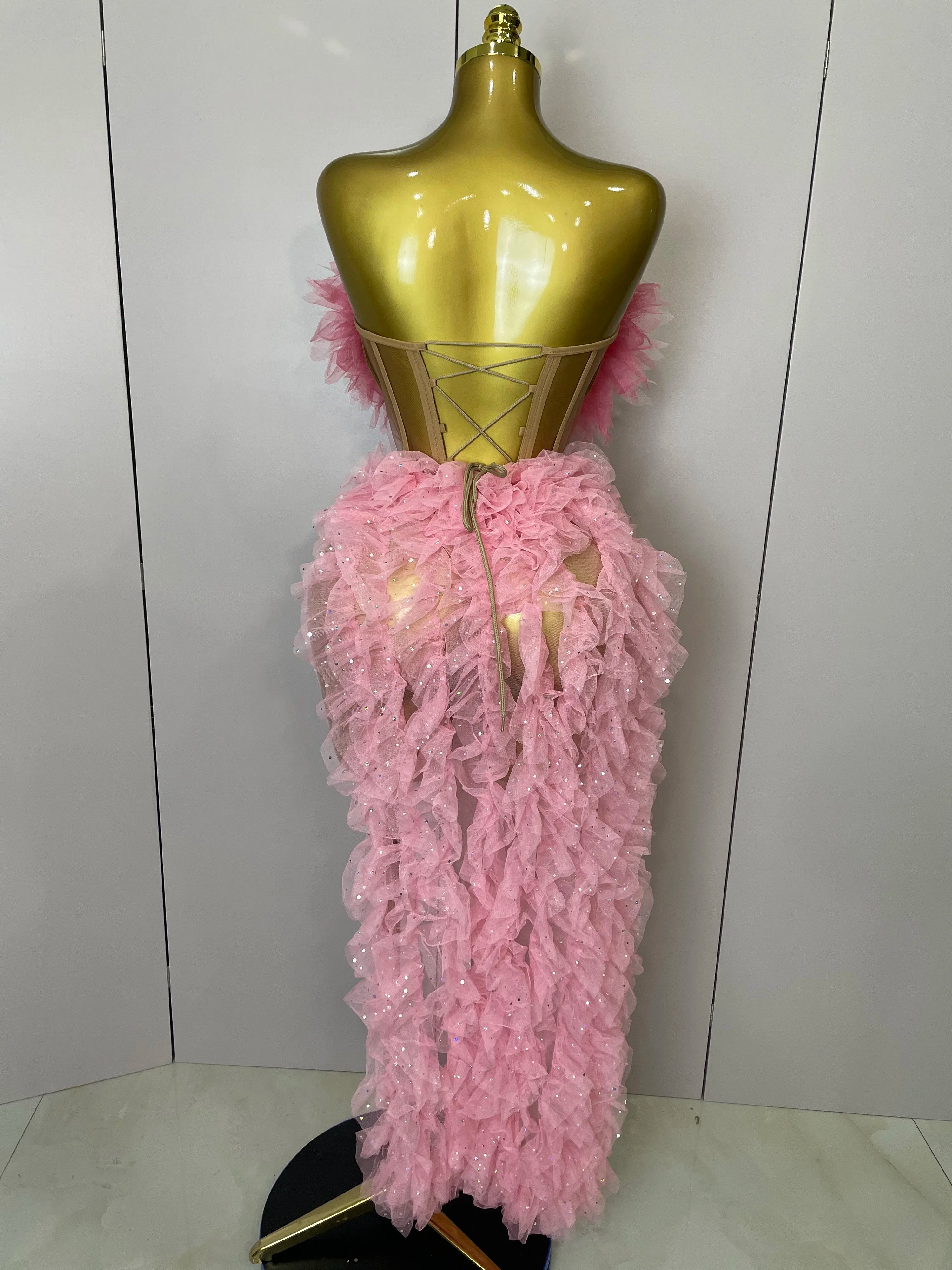 2025 Mulheres Rosa Babados Sexy Sem Alças Mini Tops 2 PEÇAS Conjunto Vestido Boate Bar Festa de Aniversário Noite Palco Performance Traje