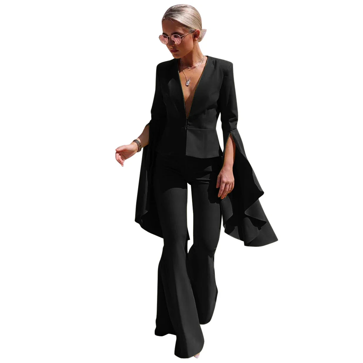 VANHAO Streetwear Chic Sleeve Blazer and Long Flare Pants Solid Color Two Piece Set Women Outfit 2023 Wholesale Dropshipping Black