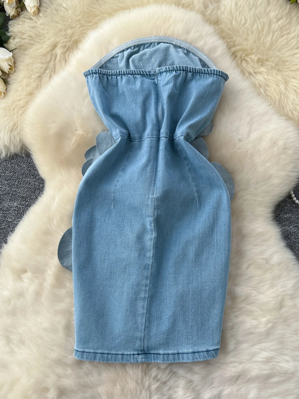 Elegant 3D Flower Rose Short Party Dresses Women Summer Holiday Sleeveless Strapless Corset Blue Denim Jeans Dress Mini Vestidos