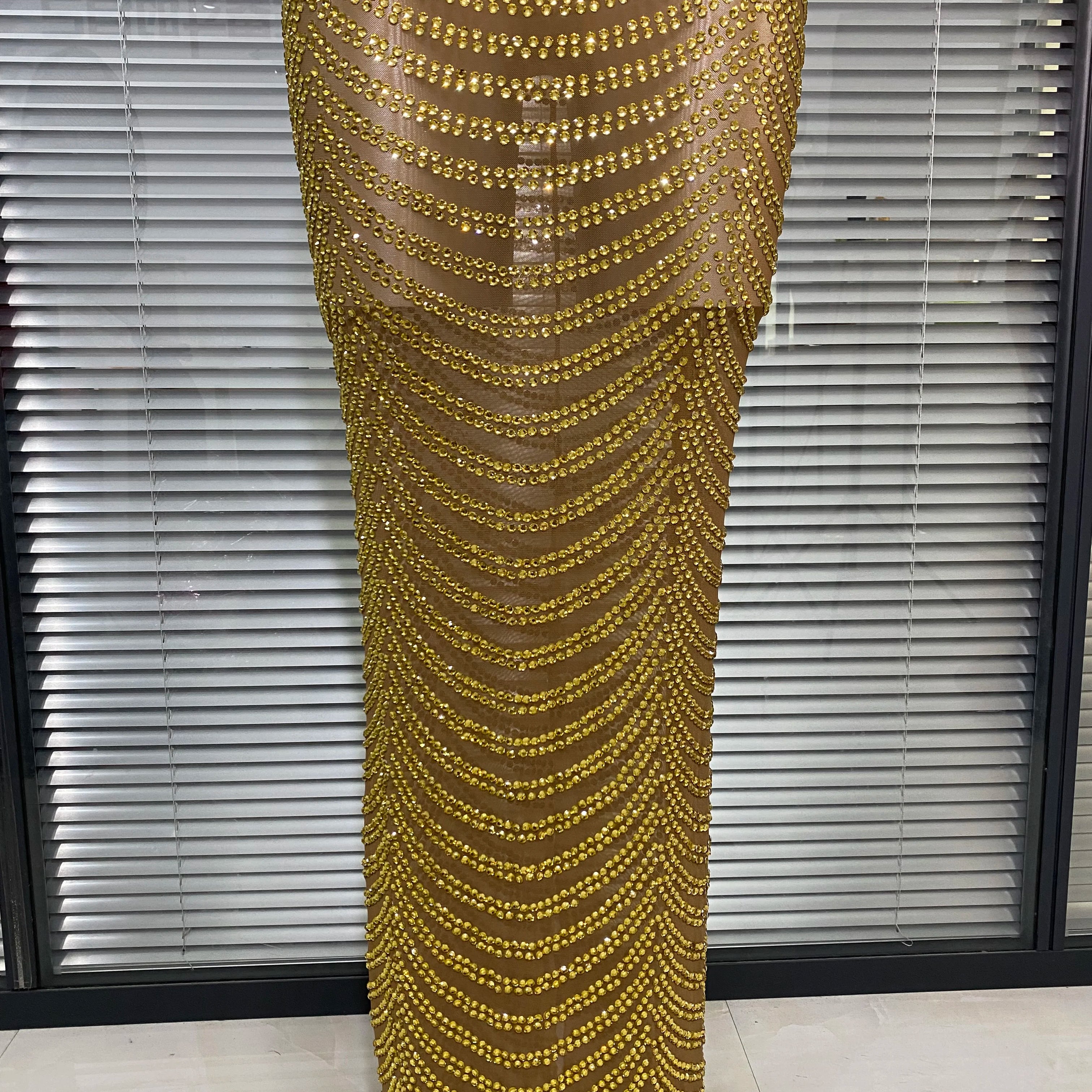 Women Sexy Mesh Crystal Diamonds Gold Long Maxi Dress See Through Celebrity Party Costume Singer Stage Performance Costume