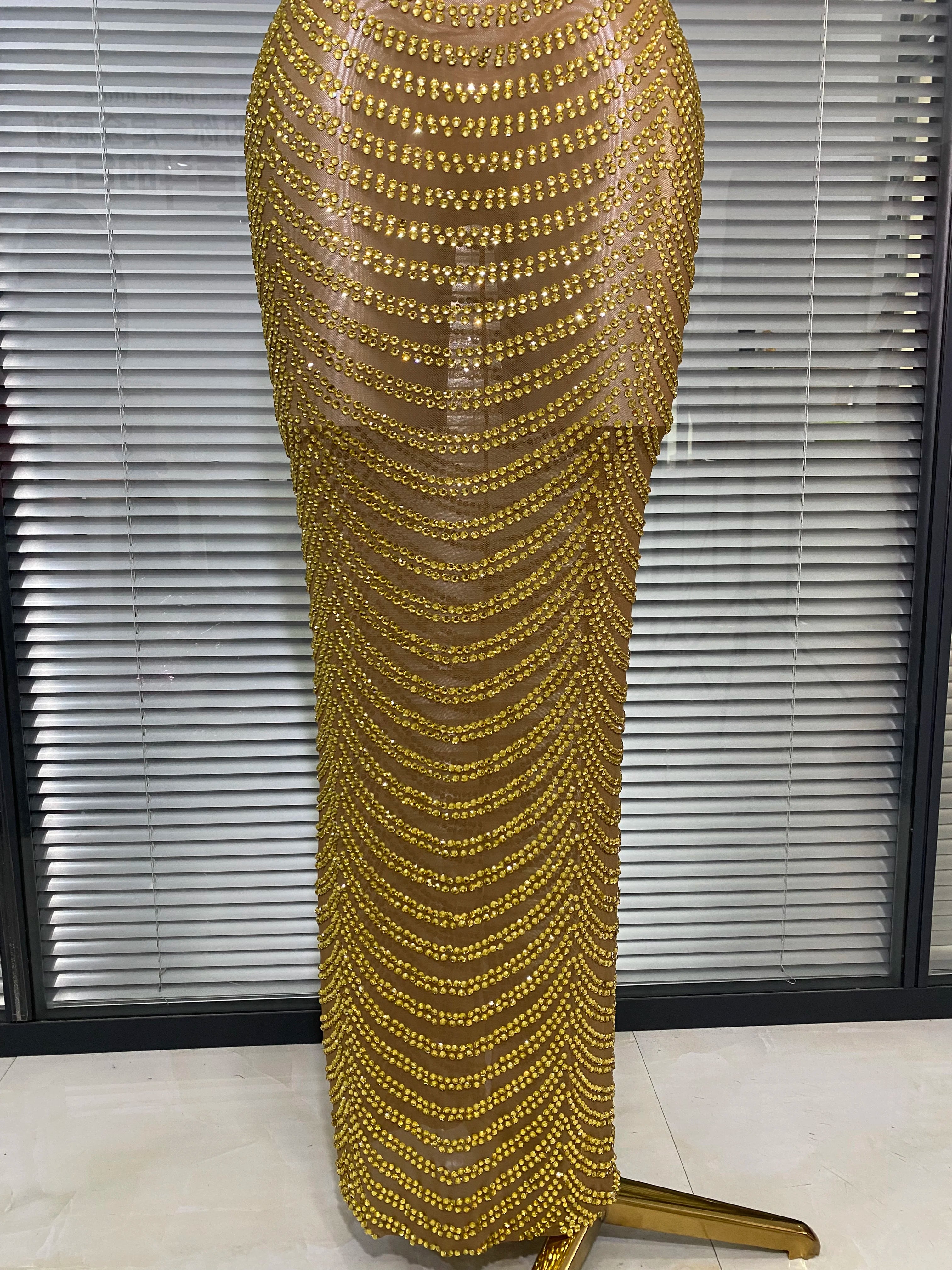 Women Sexy Mesh Crystal Diamonds Gold Long Maxi Dress See Through Celebrity Party Costume Singer Stage Performance Costume