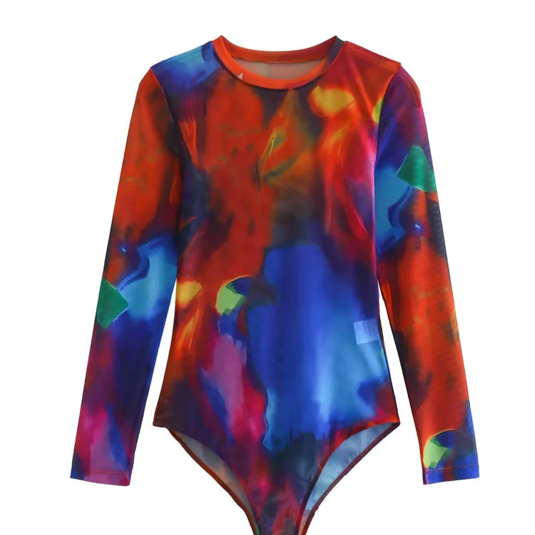Zevity Women Vintage Ink Painting Graffiti Print Mesh Yarn Slim Bodysuits Ladies Sexy Perspective Playsuits Mujer Rompers LS2633