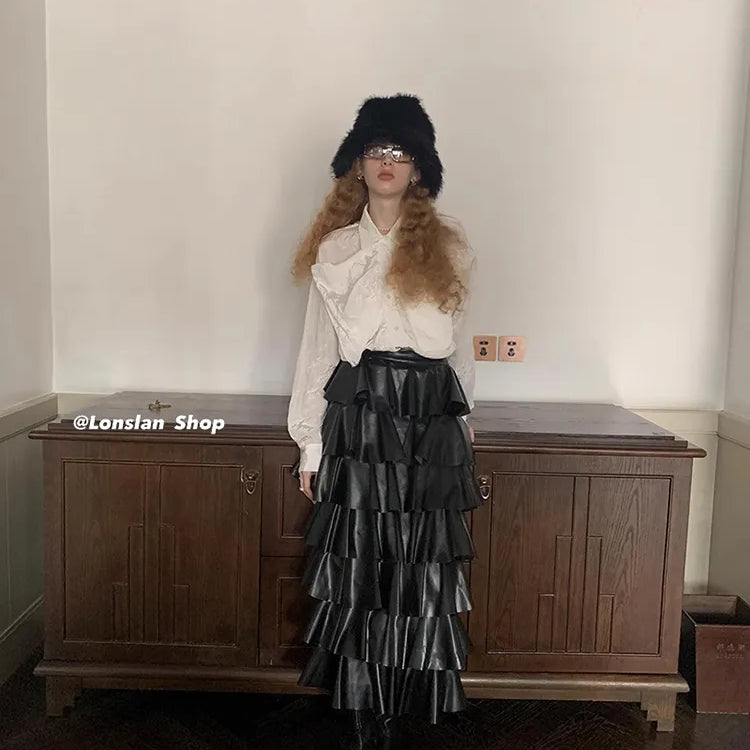 Spring Autumn Black Pu Leather Midi Tiered Skirt Women with Elastic High Waist Long Elegant Luxury Designer Clothes