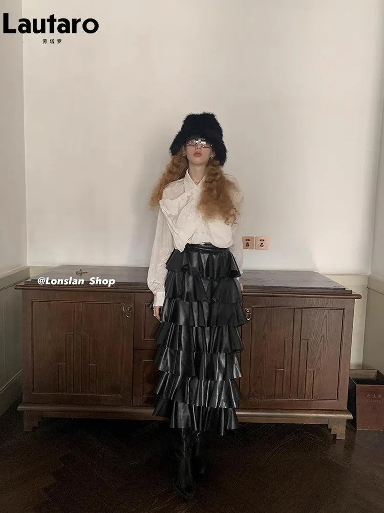 Spring Autumn Black Pu Leather Midi Tiered Skirt Women with Elastic High Waist Long Elegant Luxury Designer Clothes