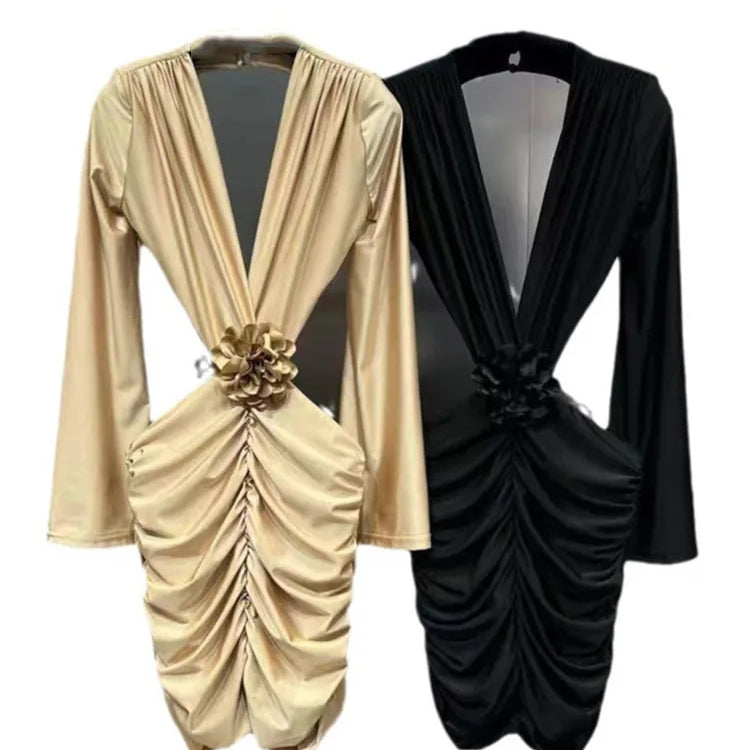 DEAT New Items Trendy Women's Wrinkled 3D Flower Chest Pad Dress Spring Fashion Long Sleeves V-neck Dresses Female 11XX8774