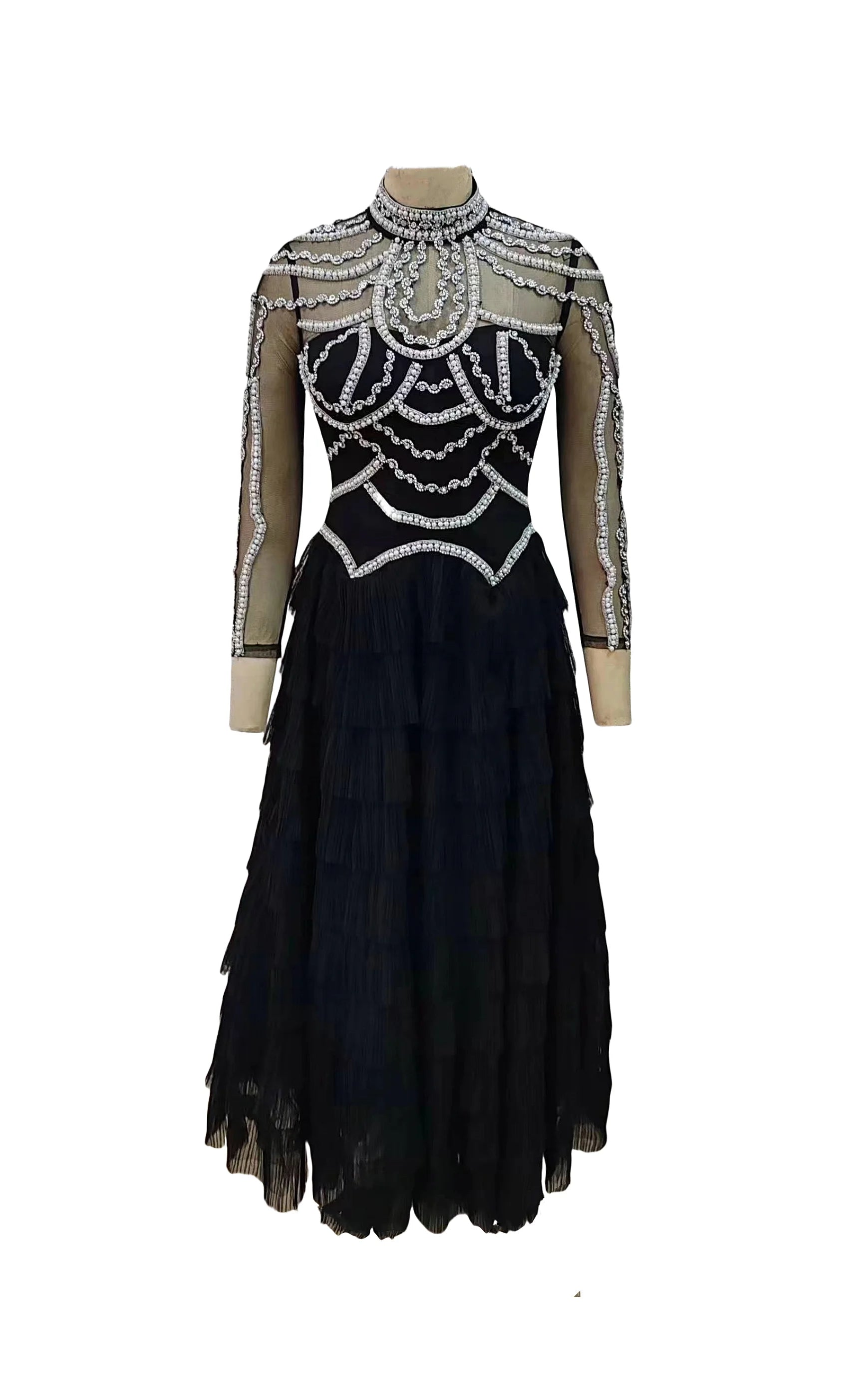 Shining Diamonds Pearl Beading Sexy See Through Mesh Ball Gown Dress Woman Birthday Party Vestido Celebrity Party Outfit