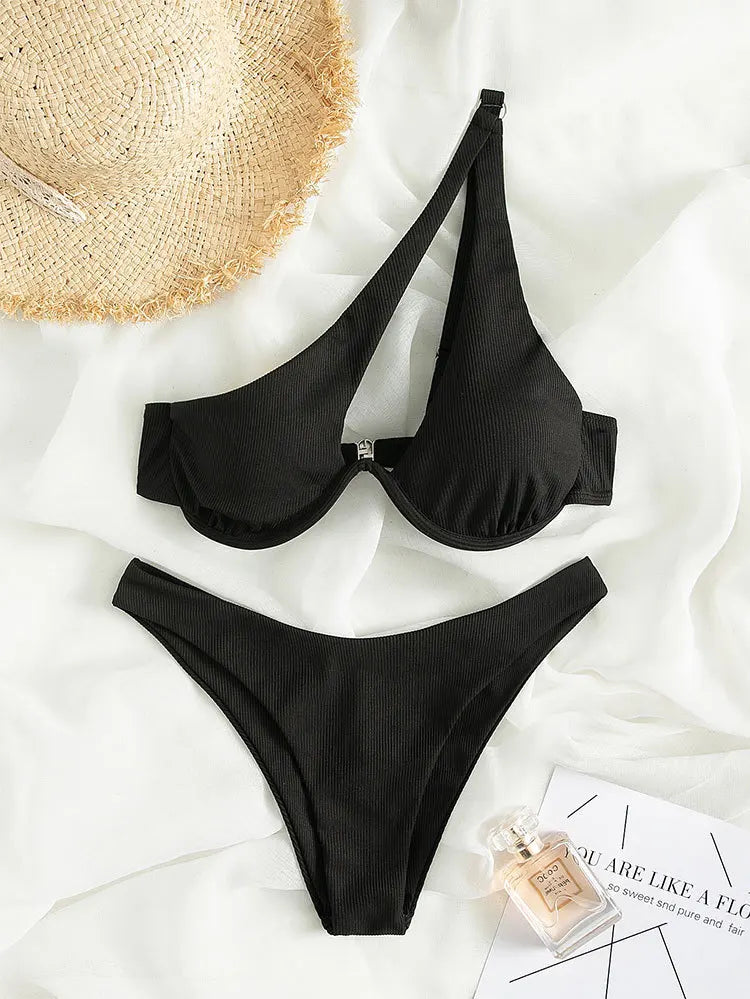 Sexy Bikinis Swimsuits Cut Out Women's Swimwear 2023 One Shoulder Biquini High Cut Bathing Suits Push Up Beach Bikini Set Black