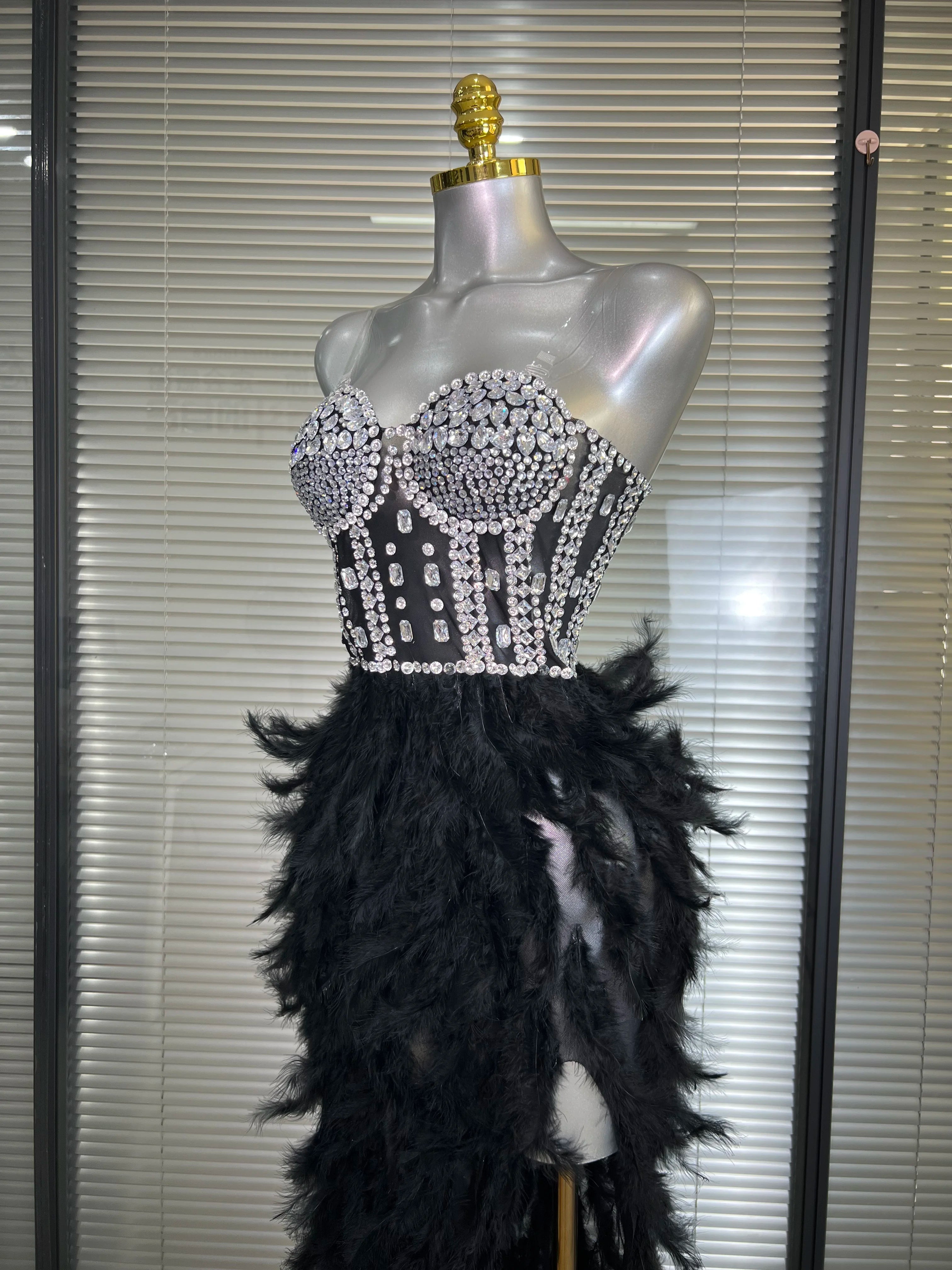 New Women Sexy Mesh Stretched Split Feathers Performance Costume Stage Black Nude High Stretchy Night Club Party Maxi Dress